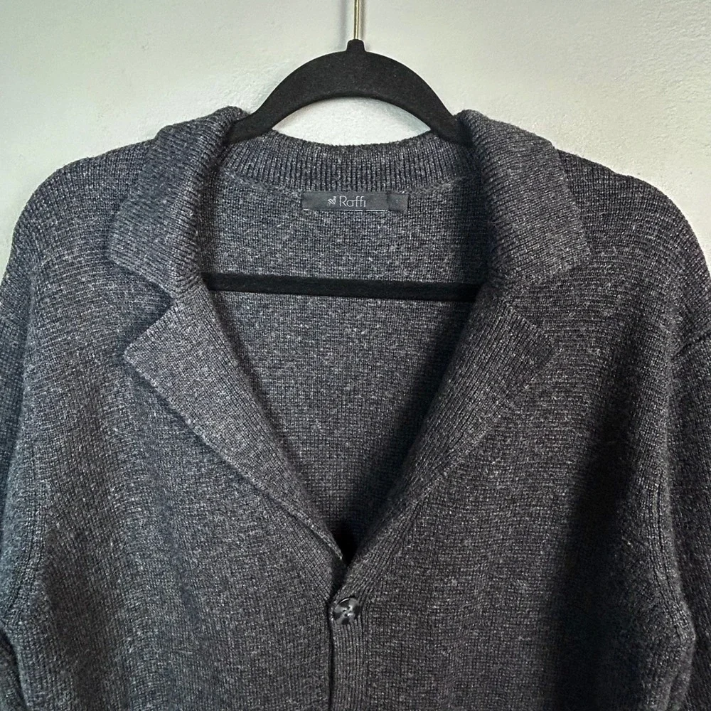Raffi Knit Blazer Cardigan Men's Large Merino Wool Charcoal Grey Collar Pockets‎